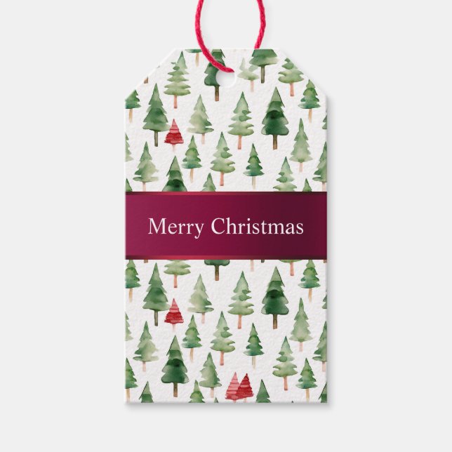 Étiquettes-cadeau Joyeux arbres de Noël rouges verts (Devant)