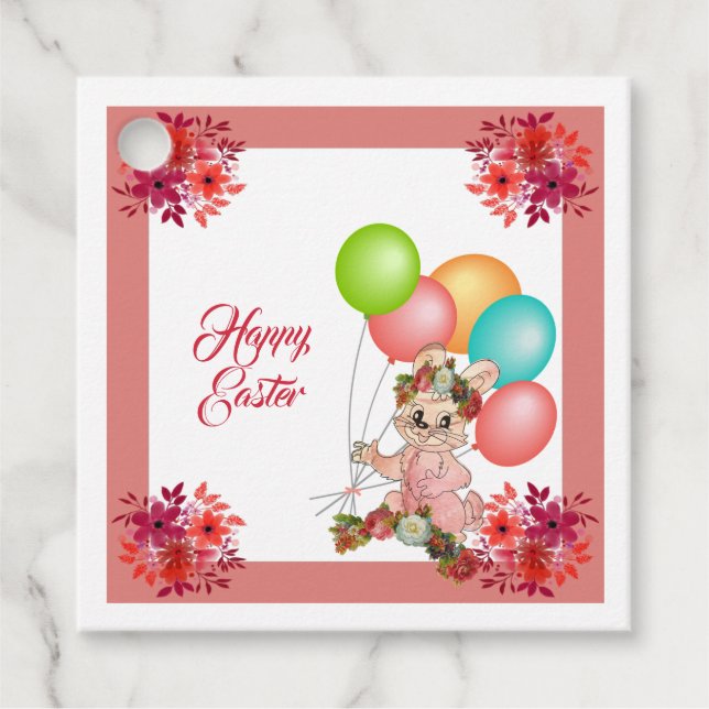 Étiquettes Cadeau Joyeux Ballons de lapin de Pâques Rose de la Couro (Devant)
