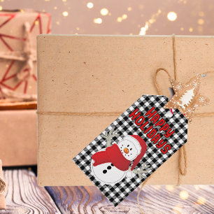 Étiquettes-cadeau Joyeux bonhomme de neige noir blanc Buffalo plaqué