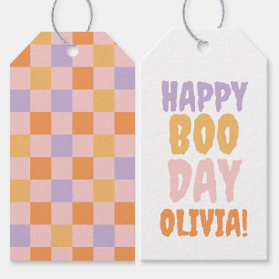 Étiquettes-cadeau Joyeux Boo Day À damiers Halloween