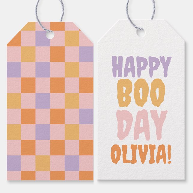 Étiquettes-cadeau Joyeux Boo Day À damiers Halloween (Créateur téléchargé)