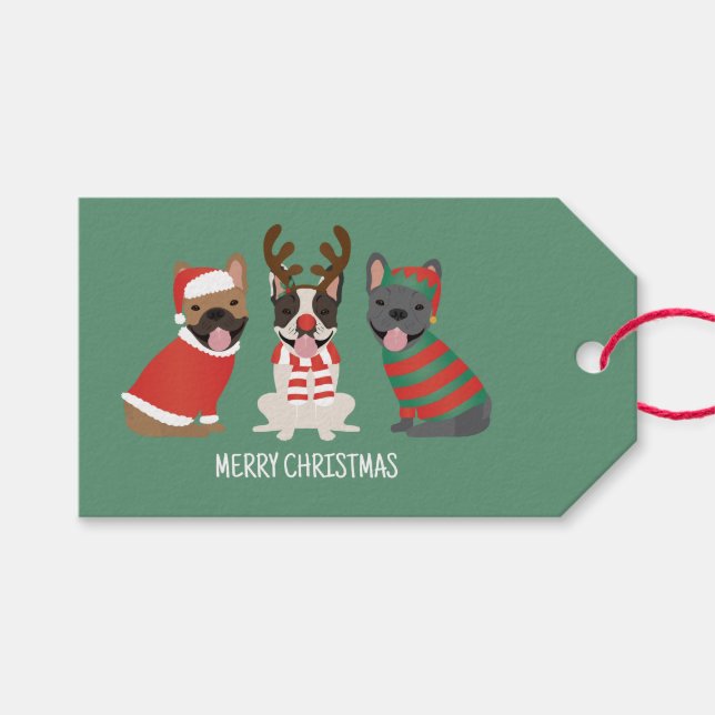 Étiquettes-cadeau Joyeux Buldogs français de Noël (Devant (Horizontal))