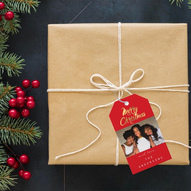 Étiquettes-cadeau Joyeux cadeau de Noël Photo Red Gold Snowflakes (Merry Christmas Gift Photo Red Gold Snowflakes Gift Tags)