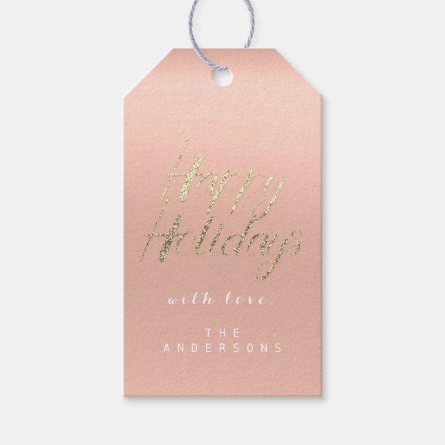 Étiquettes-cadeau Joyeux cadeau de vacances à Gold Rose Ombre Script (Devant)