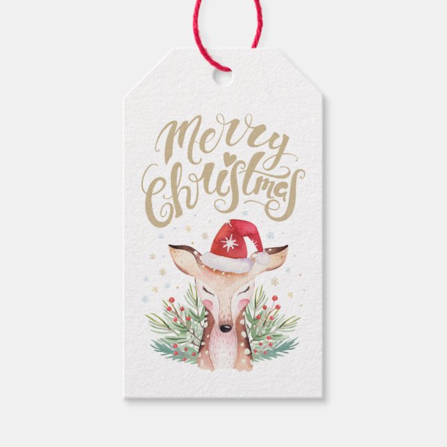 Étiquettes-cadeau Joyeux cerf de Noël à Santa Hat (Devant)