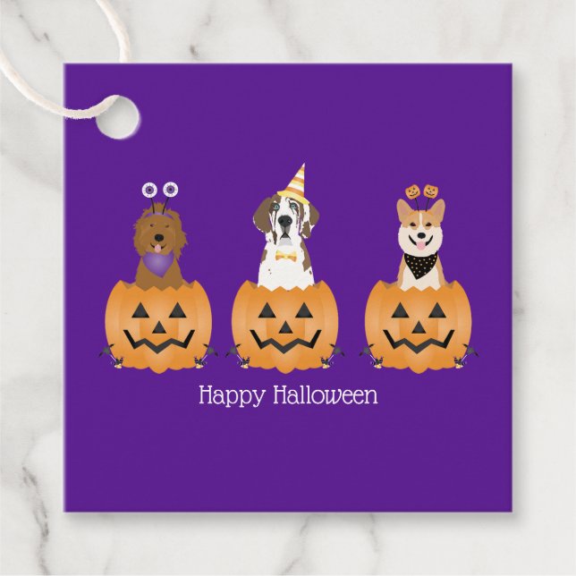 Étiquettes Cadeau Joyeux Chiens D'Halloween En Citrouille (Devant)