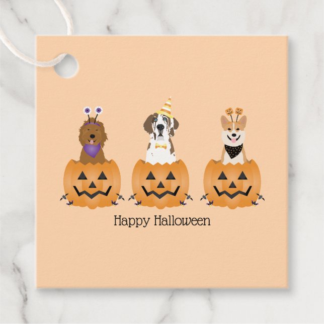 Étiquettes Cadeau Joyeux Chiens D'Halloween En Citrouille (Devant)