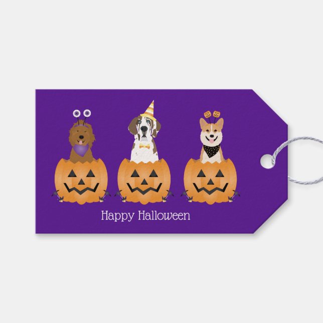 Étiquettes-cadeau Joyeux Chiens D'Halloween En Citrouille (Devant (Horizontal))