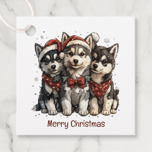 Étiquettes Cadeau Joyeux Chiens Husky Noël (Devant)