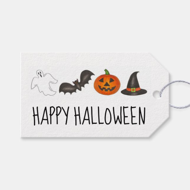 Étiquettes-cadeau Joyeux Citrouille de sorcière Halloween Ghost Bat (Devant (Horizontal))
