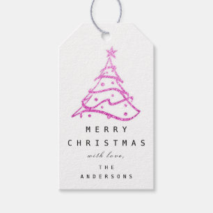 Étiquettes-cadeau Joyeux de nommer l'arbre de Noël rose blanc  