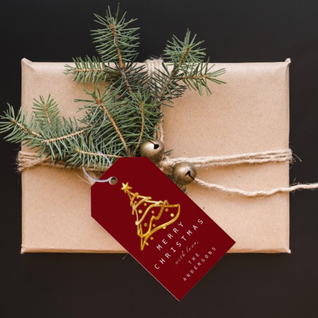Étiquettes-cadeau Joyeux de nommer Noël Arbre de Noël Bourgogne Or (Merry To Name Holiday Christmas Tree Burgundy Gold Gift Tags)