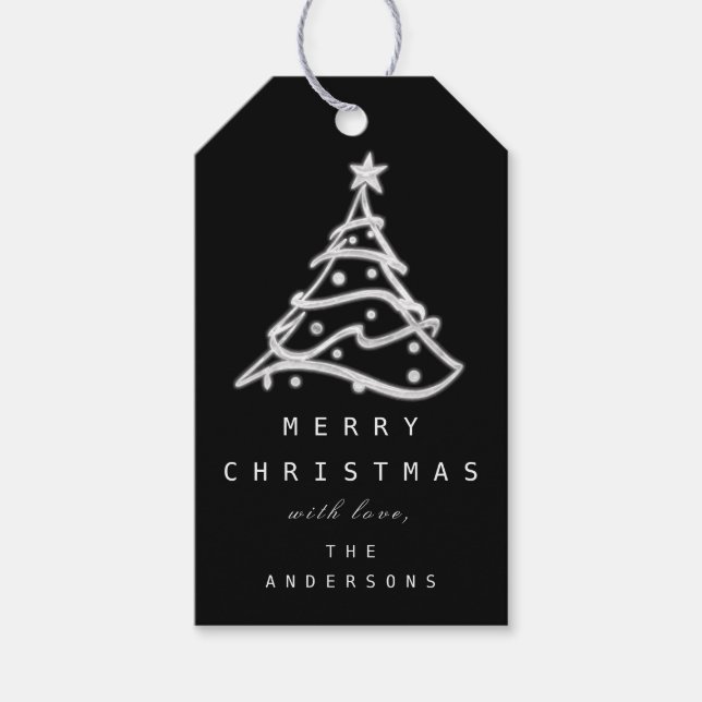 Étiquettes-cadeau Joyeux de nommer Noël Arbre Noir Blanc (Devant)