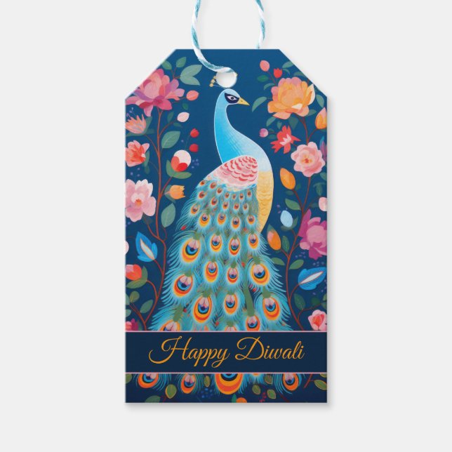 Étiquettes-cadeau Joyeux Diwali Peacock & Flowers (Devant)