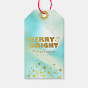 Étiquettes-cadeau Joyeux et lumineux   Pastel Green Gradient & Gold