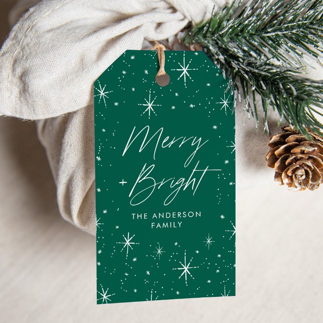 Étiquettes-cadeau Joyeux et lumineux Script Green Holiday (Créateur téléchargé)