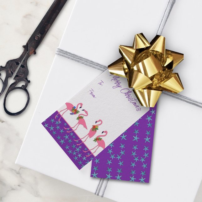 Étiquettes-cadeau Joyeux Flamants roses de Noël Etoiles de mer (Créateur téléchargé)
