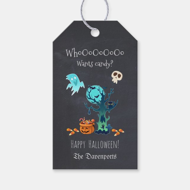 Étiquettes-cadeau Joyeux Halloween avec Ghosts Bats Skulls & Candy (Devant)