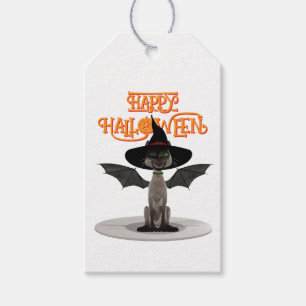 Étiquettes-cadeau Joyeux Halloween. Chat avec ailes et casquette de