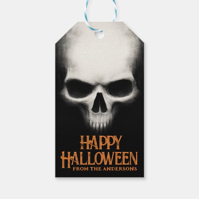 Étiquettes-cadeau Joyeux Halloween fantôme squelette noir orange eff (Devant)