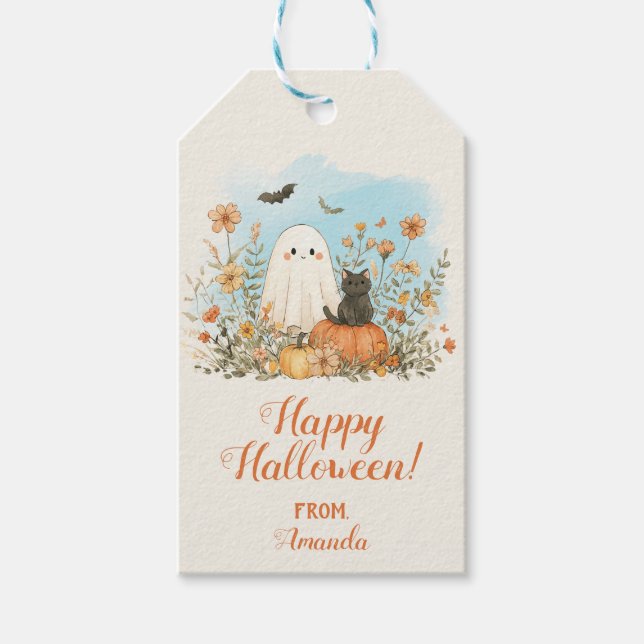 Étiquettes-cadeau Joyeux Halloween Fleur Fantôme Mignon (Devant)