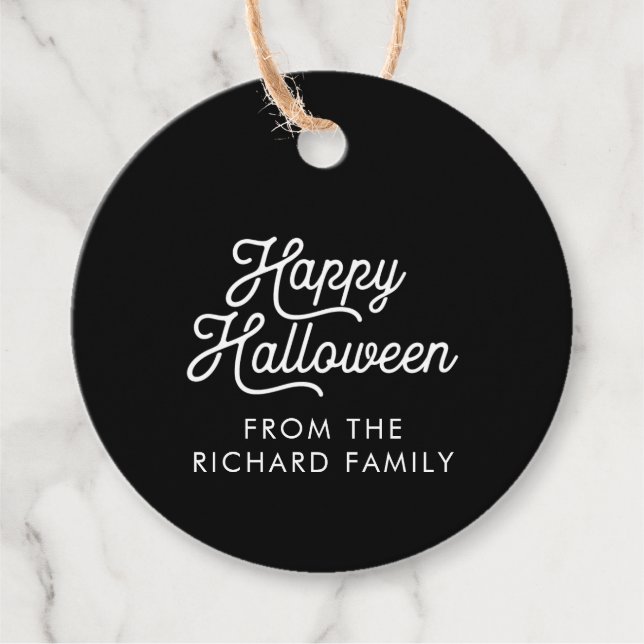 Étiquettes Cadeau Joyeux Halloween noir avec texte blanc (Devant)