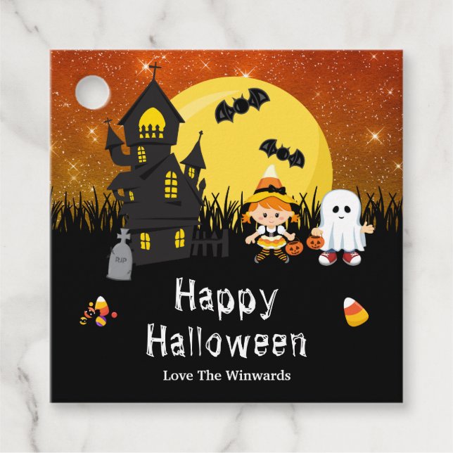 Étiquettes Cadeau Joyeux Halloween Party sorcière Ghost Orange (Devant)