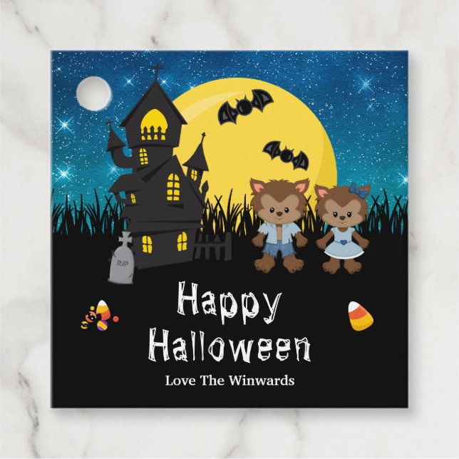Étiquettes Cadeau Joyeux Halloween Party Werewolf Blue (Devant)