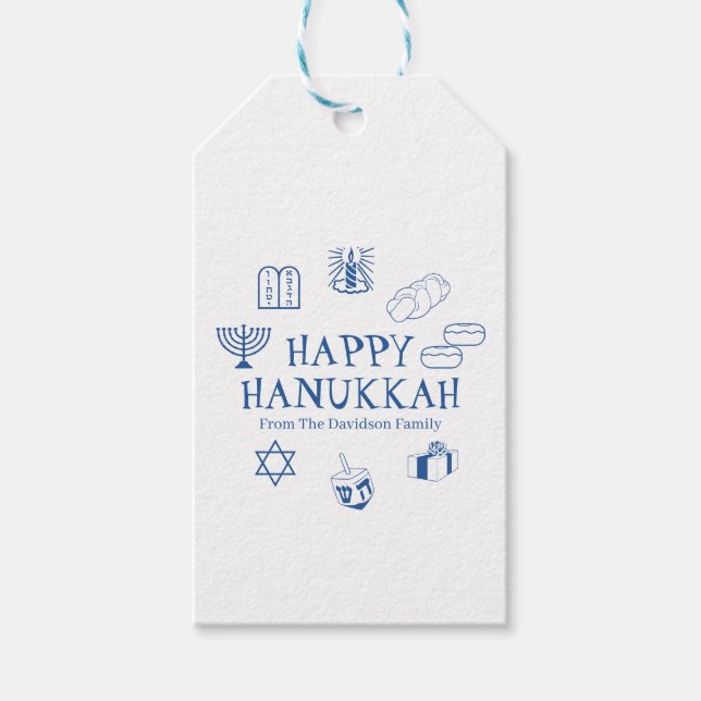 Étiquettes-cadeau Joyeux Hanoukka bleu blanc nom de famille personna (Devant)