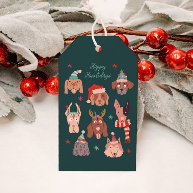 Étiquettes-cadeau Joyeux Howlidays mignon Chiens de Noël Vert (Créateur téléchargé)