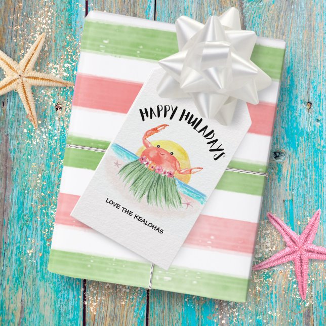 Étiquettes-cadeau Joyeux Huladays Crabe Hawaiian Tropical Christmas (Créateur téléchargé)