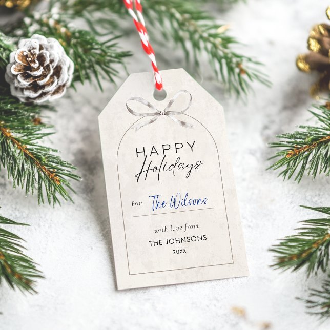 Étiquettes-cadeau Joyeux Joyeux Joyeux Vacances Modernes Boho Arch B (Elegant neutral Happy Holidays gift tag with bow and arch, plus space to write your recipient name. )