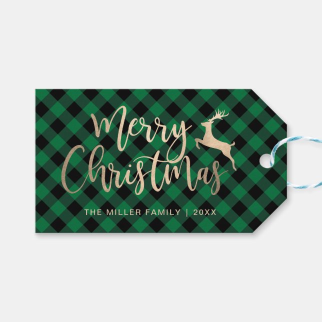 Étiquettes-cadeau Joyeux Joyeux Noël Or Noir & Vert Plaid (Devant (Horizontal))