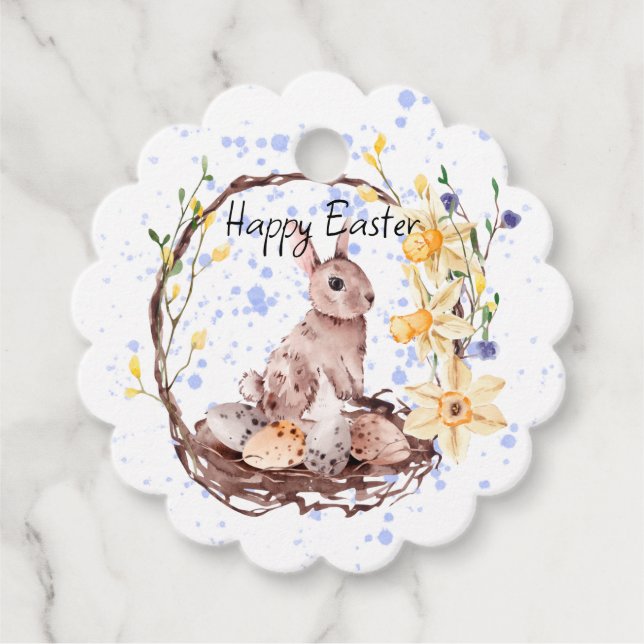 Étiquettes Cadeau Joyeux lapin de Pâques et panier d'oeufs (Devant)