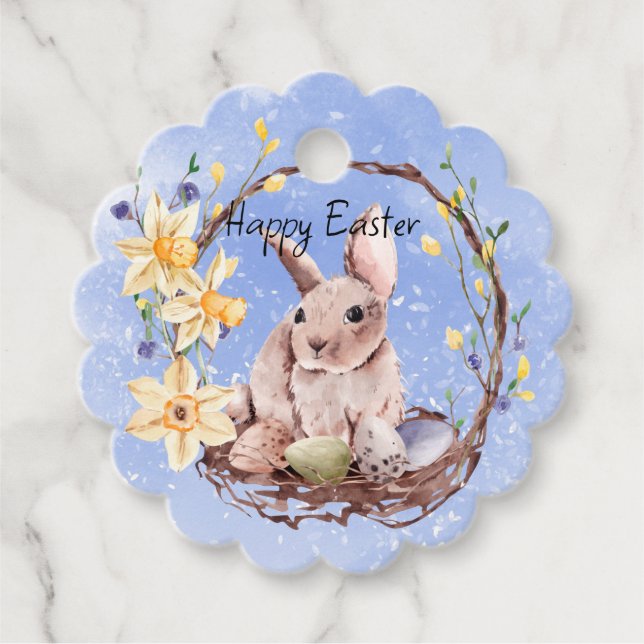 Étiquettes Cadeau Joyeux lapin de Pâques et panier d'oeufs (Devant)