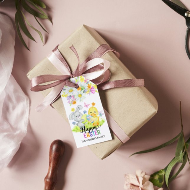 Étiquettes-cadeau Joyeux lapin mignon de Pâques et fleurs de printem (Créateur téléchargé)