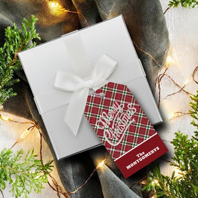 Étiquettes-cadeau Joyeux Noël à carreaux pailletés chic (Chic faux sparkly plaid Merry Christmas favor gift tags)
