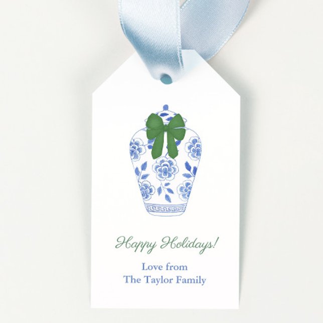 Étiquettes-cadeau Joyeux Noël à la jarre de gingembre vert raffiné (Elegant blue and white ginger jar with festive green bow merry christmas gift tags)