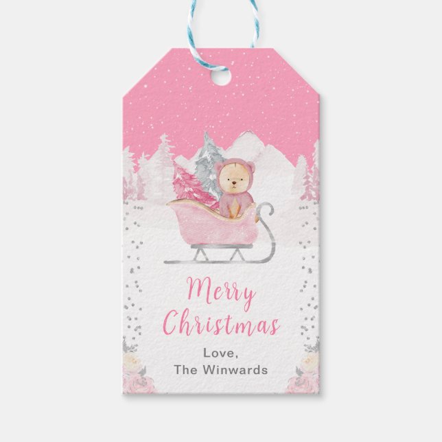 Étiquettes-cadeau Joyeux Noël à l'Ours rose (Devant)