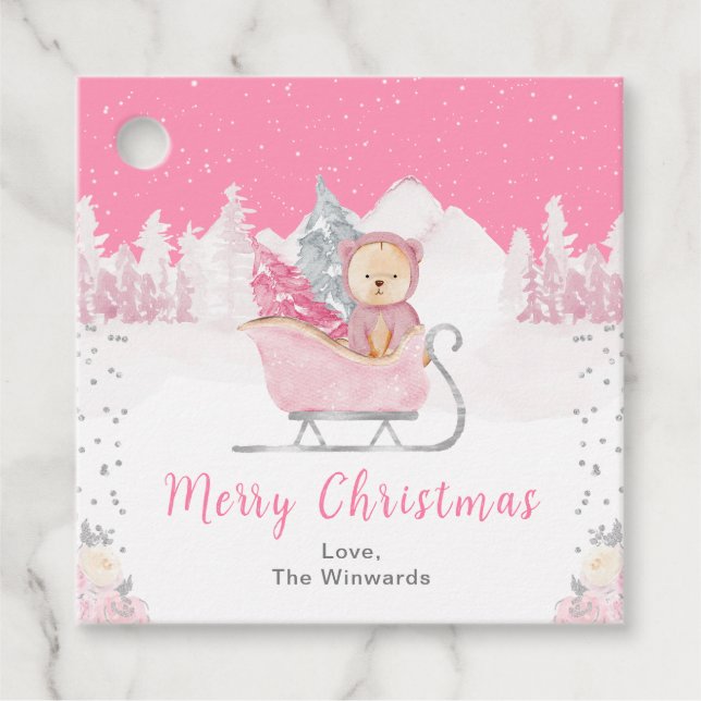 Étiquettes Cadeau Joyeux Noël à l'Ours rose (Devant)