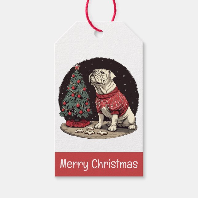 Étiquettes-cadeau Joyeux Noël anglais Chien de Noël Arbre (Devant)