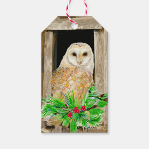 Étiquettes-cadeau Joyeux Noël Aquarelle Barne Chouette Oiseau Art