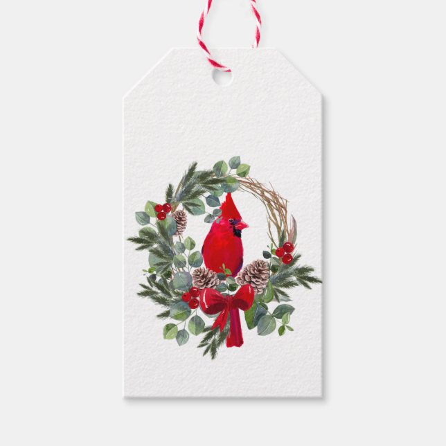 Étiquettes-cadeau Joyeux Noël aquarelle Cardinal Red Bird (Devant)