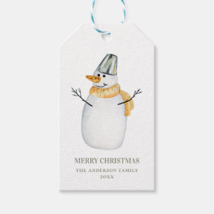 Étiquettes-cadeau Joyeux Noël. Aquarelle mignonne bonhomme de neige.