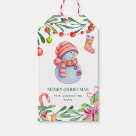 Étiquettes-cadeau Joyeux Noël. Aquarelle mignonne bonhomme de neige.