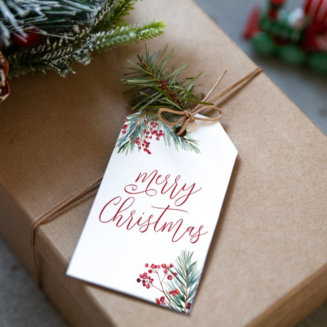 Étiquettes-cadeau Joyeux Noël Aquarelle Pine et Berries (Merry Christmas Watercolor Pine and Berries Gift Tags)