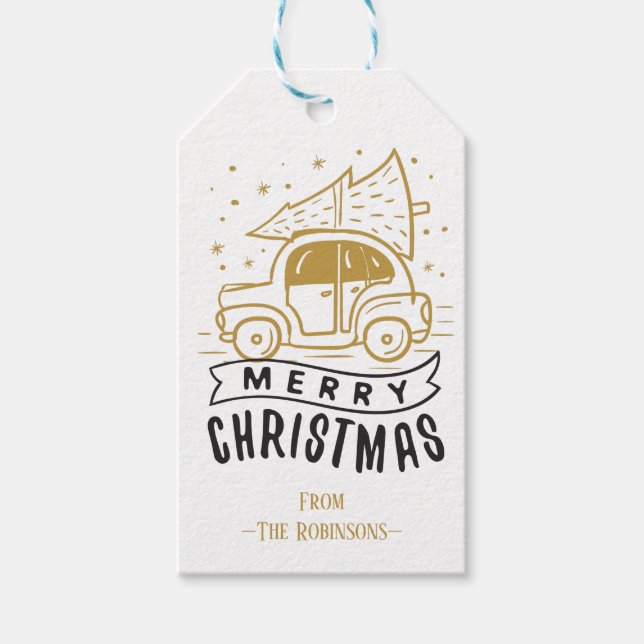 Étiquettes-cadeau Joyeux Noël Arbre de voiture Texte personnalisé Mo (Devant)