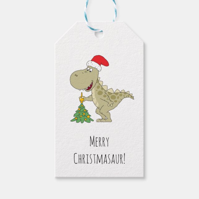Étiquettes-cadeau Joyeux Noël Arbre mignonne Dinosaure Santa Hat (Devant)