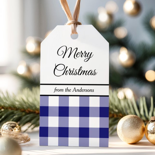 Étiquettes-cadeau Joyeux Noël bleu classique (Classic Blue Plaid Merry Christmas Gift Tags)