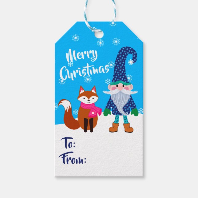 Étiquettes-cadeau Joyeux Noël Blue Gnome et mignon Fox Noël (Devant)